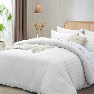 King Size Duvet Cover Sets White, Microfiber Satin Stripe Duvet Cover Luxury Hotel Bedding Set with Pillowcases Breathable Ultra Soft Reversible Quilt Covers.