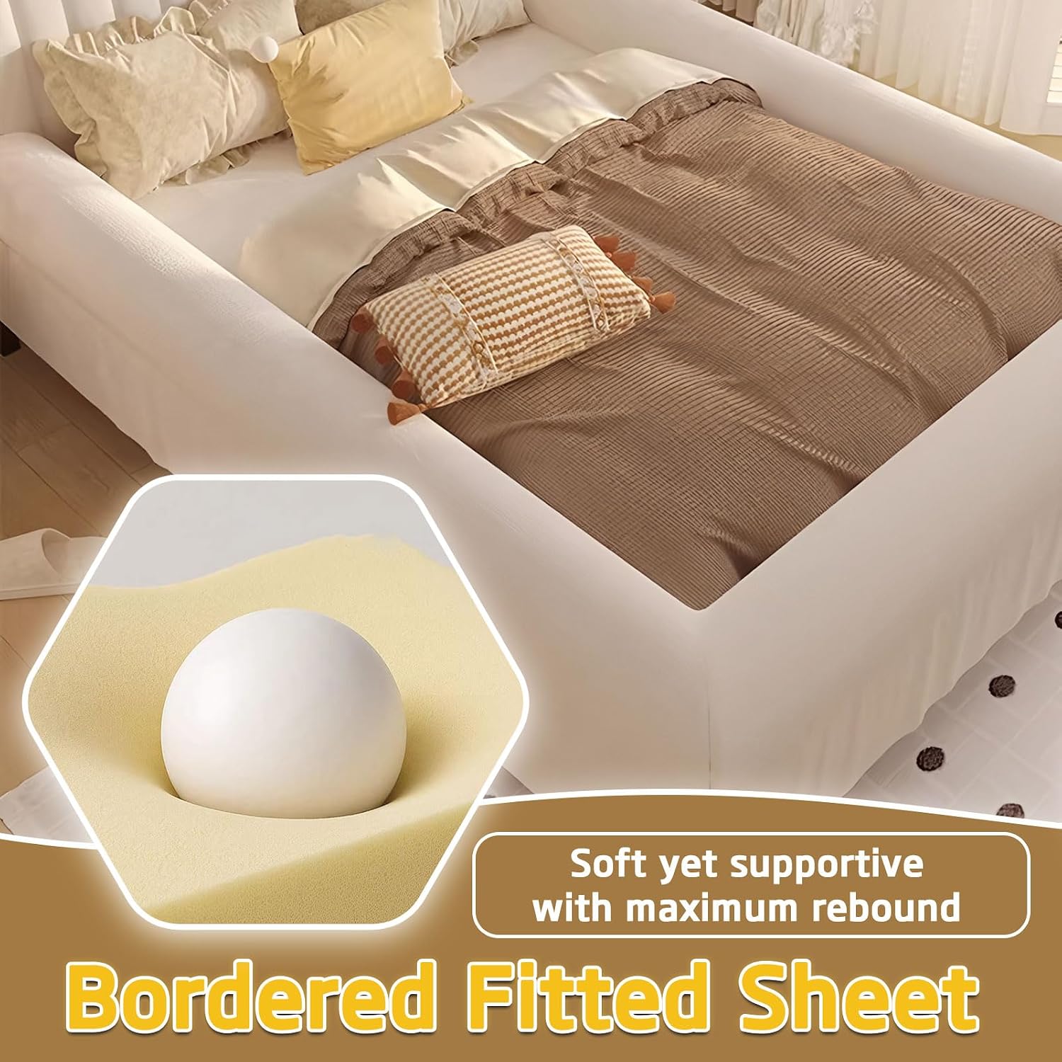 Bordered Bed Sheet with Padded Raised Edges, Nest Bed Sheets with Borders for Secure Sleep & Kids Protection, Zip-Up Soft Fleece Fitted Sheet,Gray,53.1x74.8”
