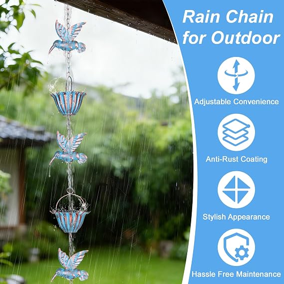 2.4m Rain Chains for Outside, 7.9ft Hummingbird Rain Chain with 7 Rain Chain Cups, Adjustable Rain Catcher Drain Chain for Eaves Drainage, Replacement for Downspout