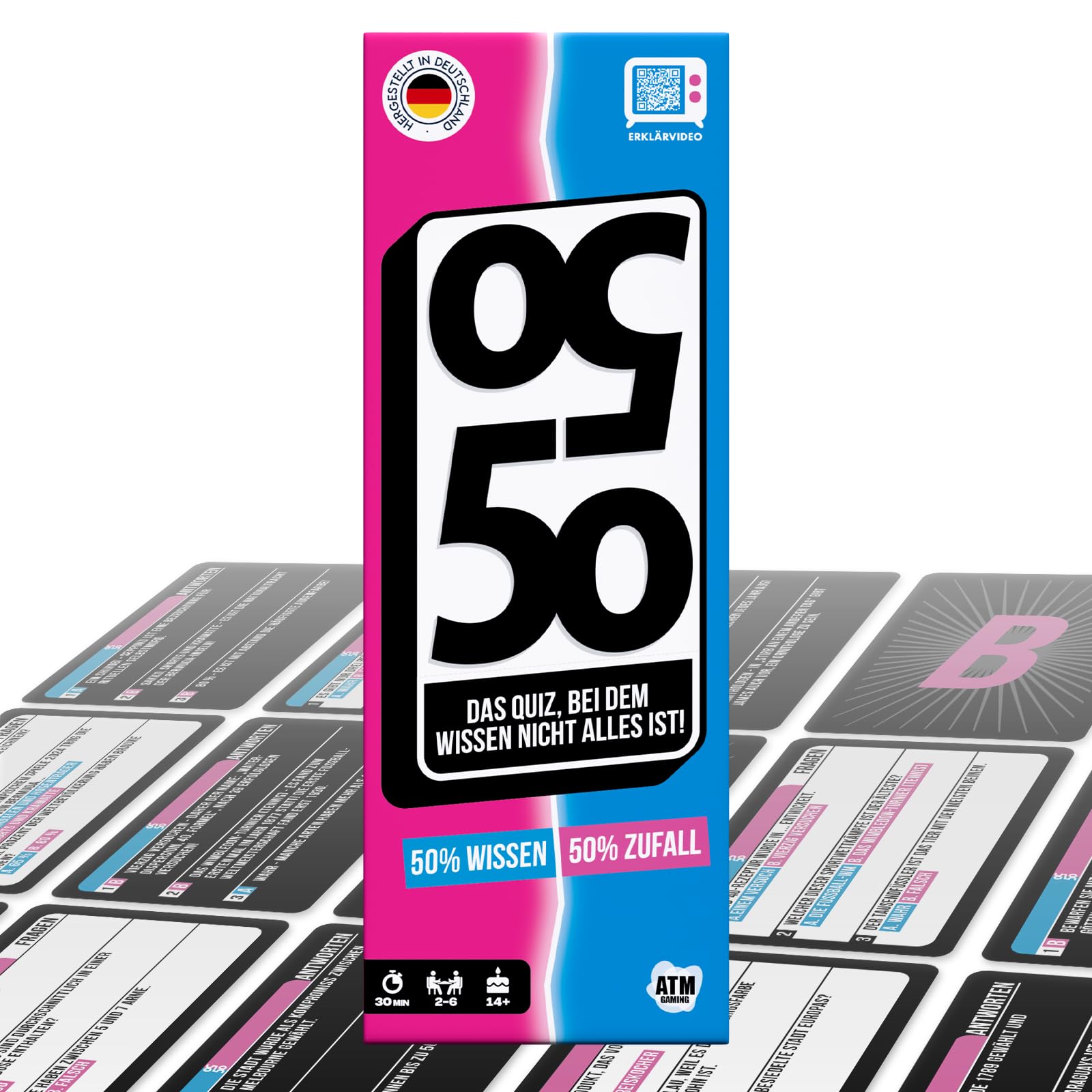 ATM Gaming 5050-50% Wissen, 50% Zufall- Das lustige Quizspiel - Kartenspiel für Jugendliche und Erwachsene - Schnell und Verrückt - 2 bis 6 Spieler - Kartenspiel ab 14 Jahren - Familienspiel