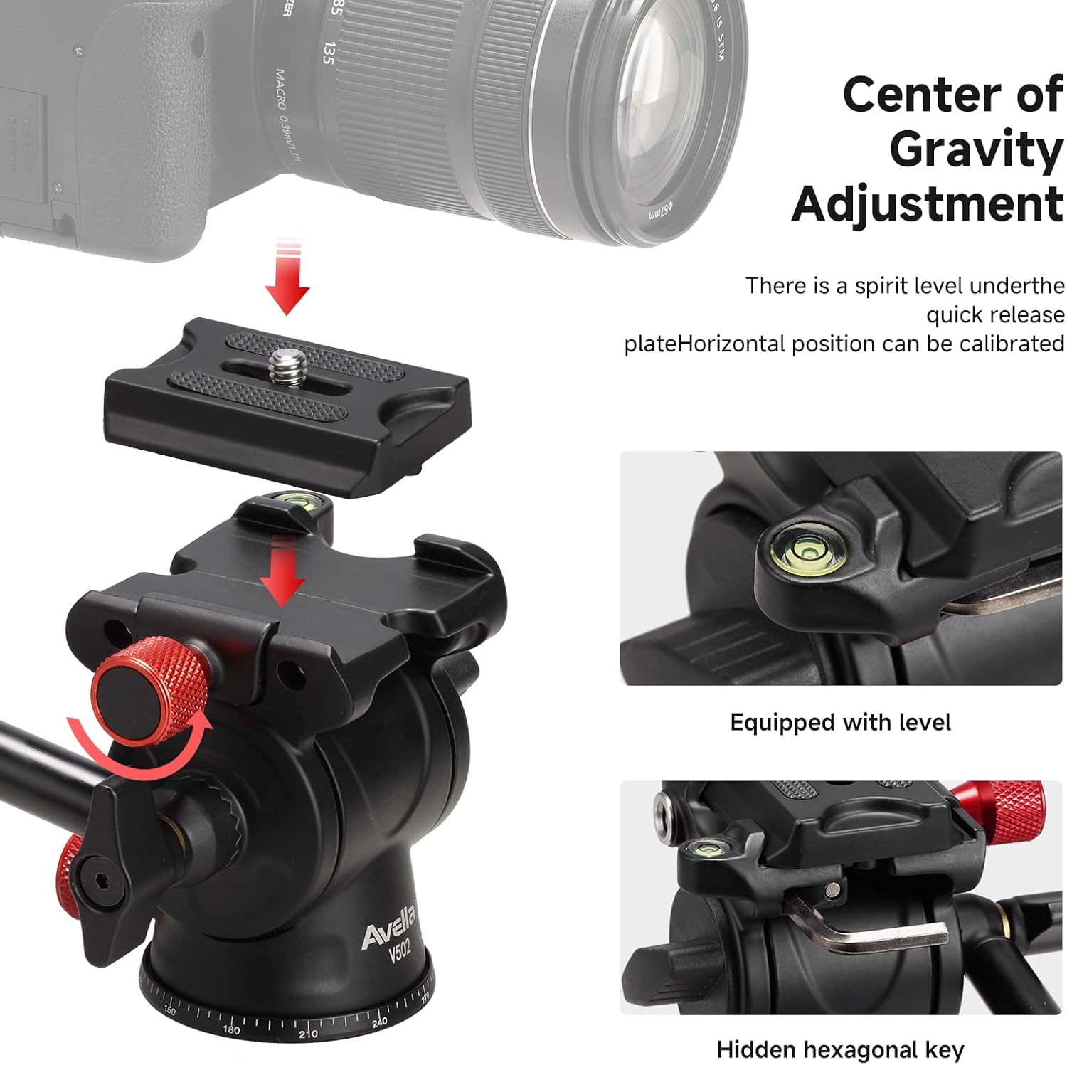Avella Tripod Fluid Head Pan Tilt Head with Arca Type Quick Release Plate and Handle, Metal Panorama Head with Scaled Base for Compact Video Camera DSLR Camera, Load up to 6.6lb, V502