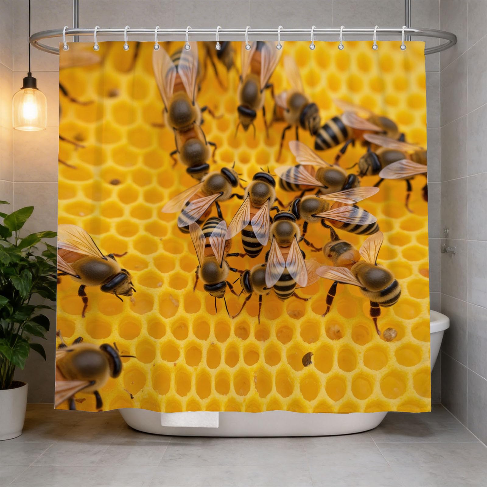 Hongduo 3D Bee Shower Curtain for Stalls Bathtubs Minimalistic Bathroom Decor Shower Curtain Set Polyester Fabric Waterproof 200x200cm/79X79 Inch with Hooks