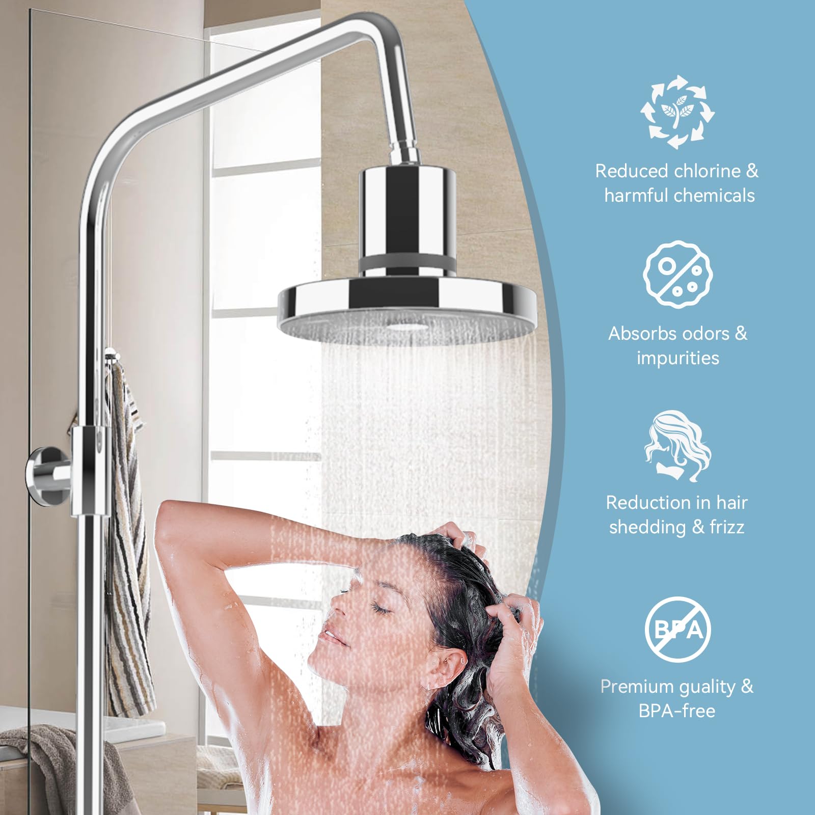 Cabezal de ducha ajustable de acero inoxidable con rotación de 360 grados. Este modelo de filtro de ducha de alta presión para un cabello y piel más saludables. Reduce la caída del cabello,