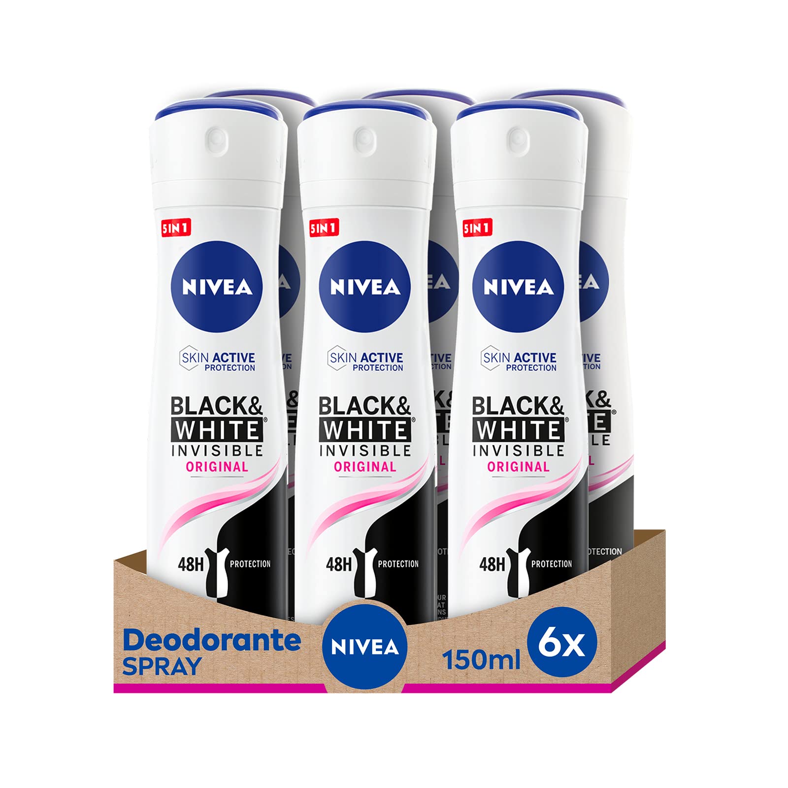 Black & White Invisible Original Deodorant Spray, Pack of 6 x 150 ml, Anti-Halo Fragrant Antiperspirant Protects Skin and Clothes