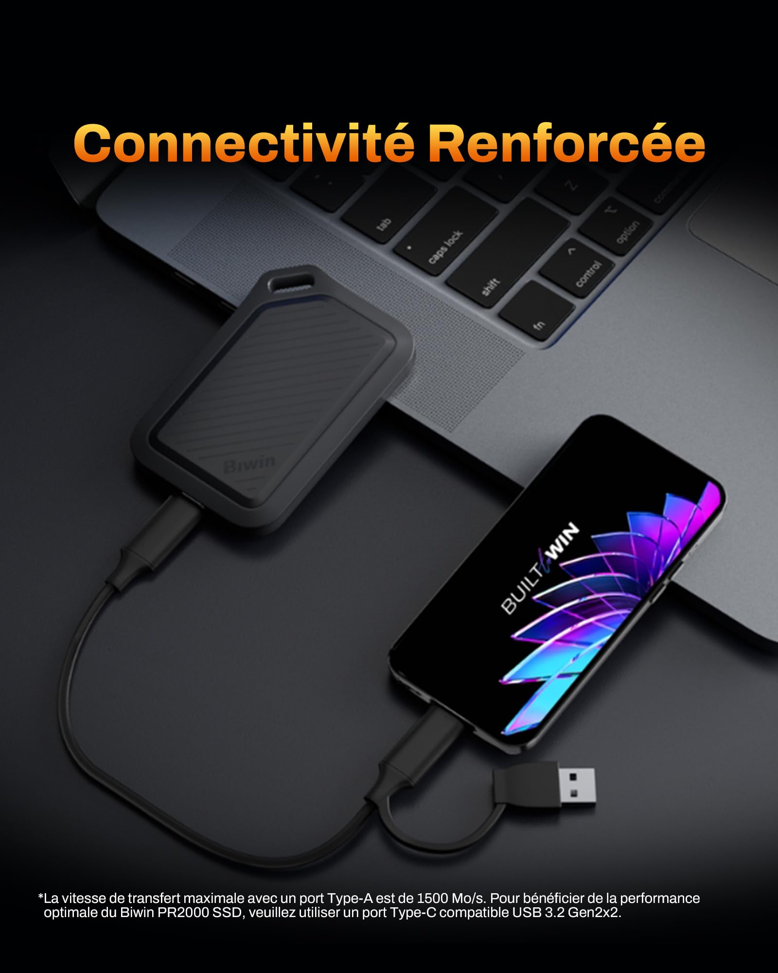 Biwin Disque SSD Externe PR2000 2 to, jusqu'à 2000 Mo/s, IP67 étanche à la poussière et à l'eau, Portable SSD, USB-C USB3.2 Gen2x2, Noir