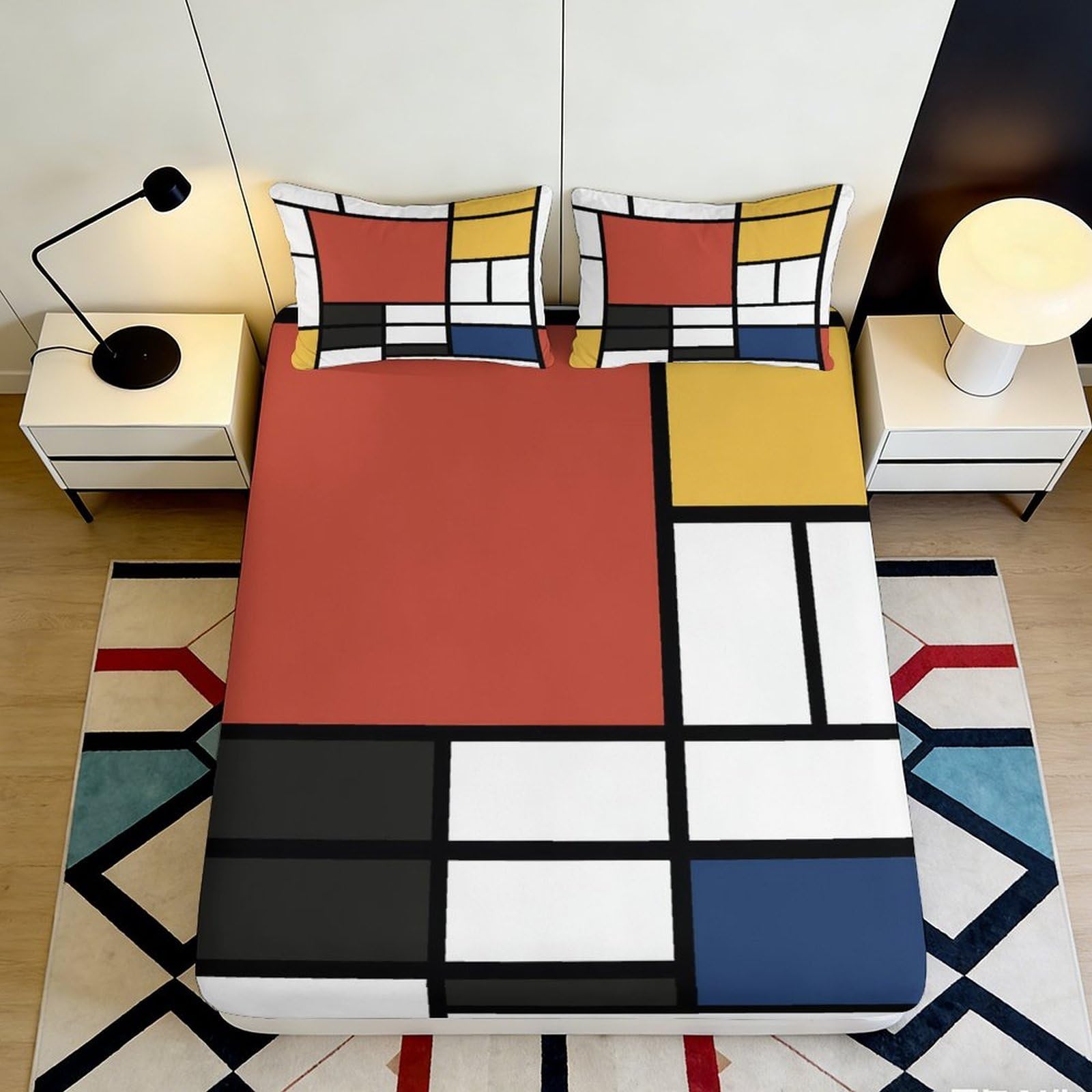 3D Printed Mondrian Geometric Fitted Sheet Microfiber Soft Color Block Mattress Cover for Bedroom Guest Room 180x200x25cm