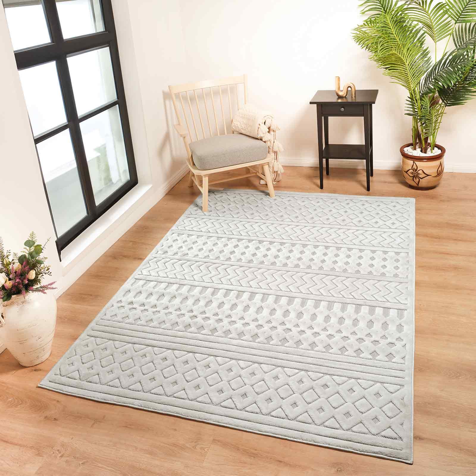 Livabliss Tucson Indoor Outdoor - Large Boho for Living Room 120x170 cm Dining, Kitchen Carpet, Patterned Neutral & Coloured, Waterproof, Stain Durable - White