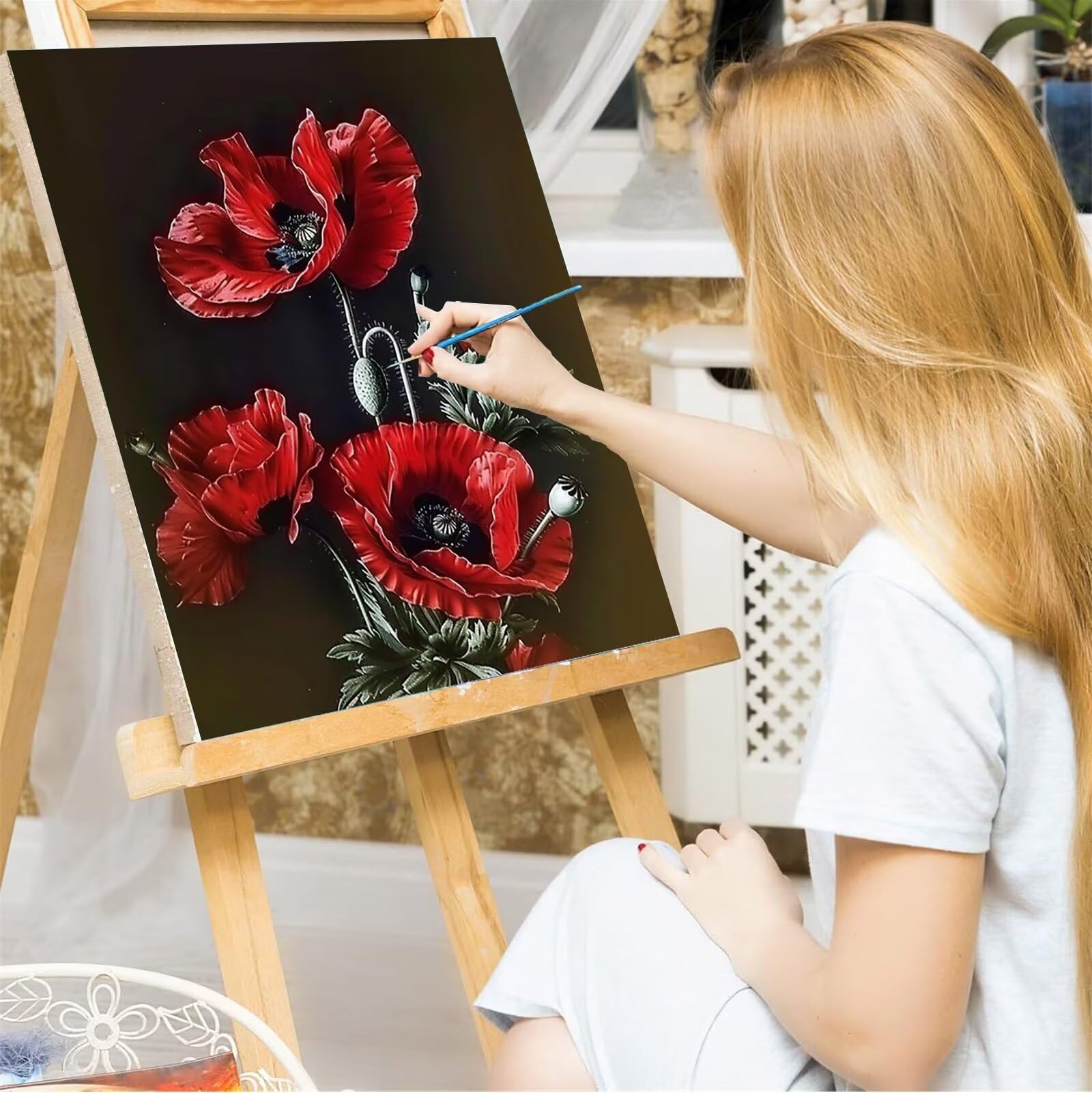 Kit di Pittura a Olio su Tela Fai-da-Te, Amichevole Papaveri Compagno Dipinto Ad Olio Su Tela con, Decorazioni per La Casa Dipingere con i Numeri per Adulti Bambini Fioritura 60x80cm (Con Scatola)