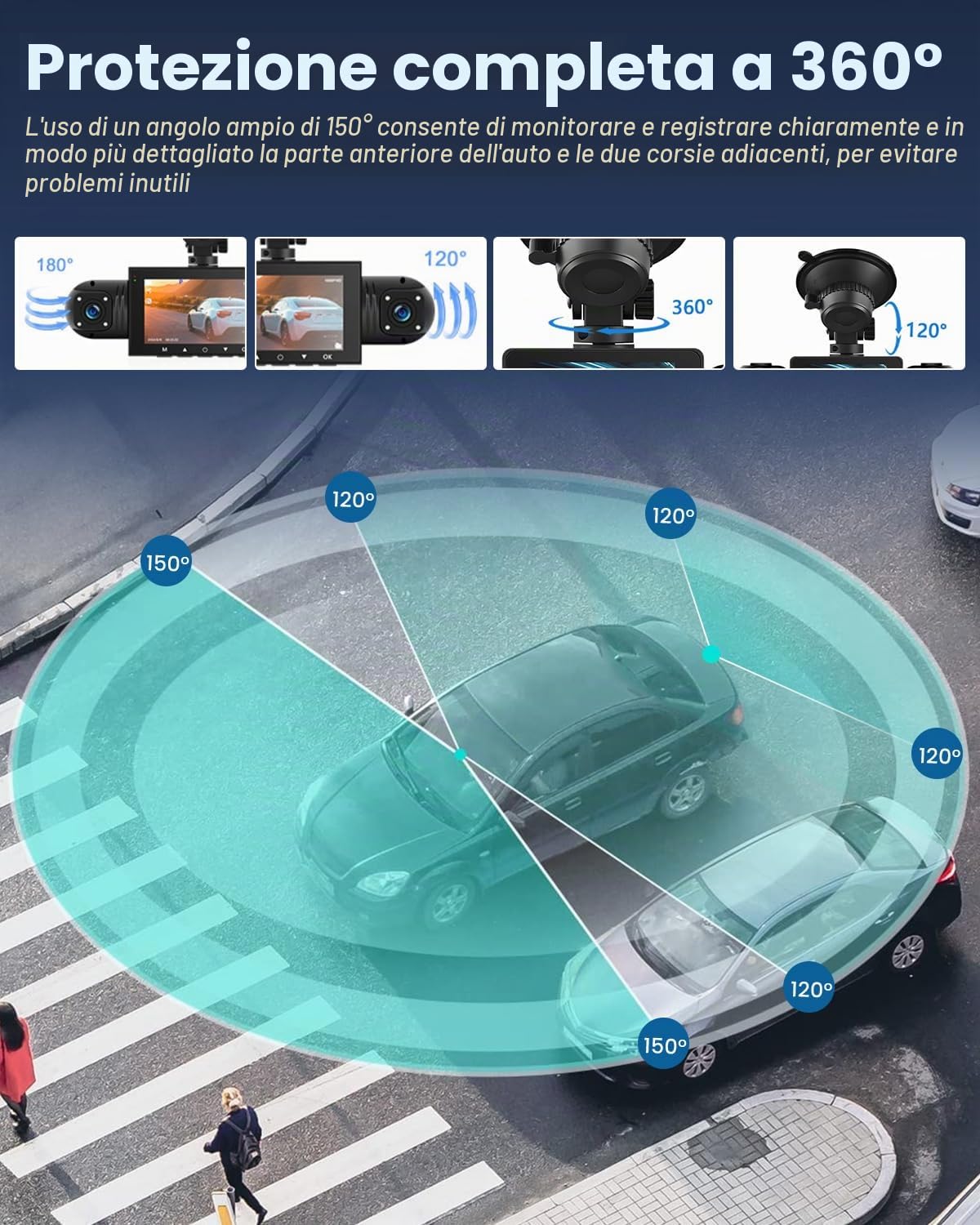 NHOPEEW 4 canali Dash Cam anteriore e posteriore - 1080P Dashcam con 360°Camera - 3 pollici schermo IPS con Registrazione in loop con sensore G Monitoraggio parcheggio 24 ore su 24 con visione nottura