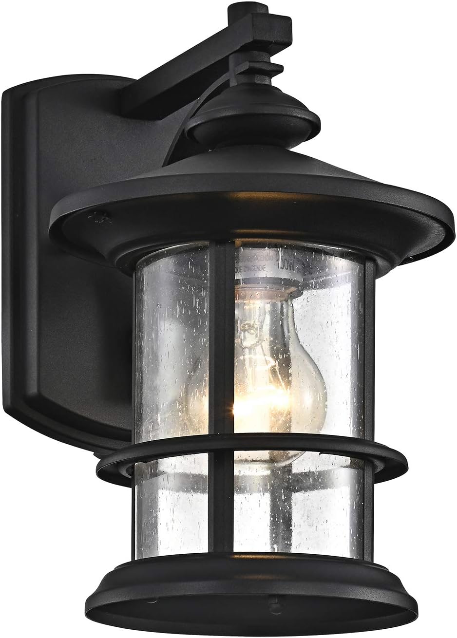- 100W Max Modern Industrial Outdoor Wall Light, 10 Inch Textured Black Metal Exterior Sconce, Clear Seedy Glass Porch Light for Entryway, Garage, or Bathroom
