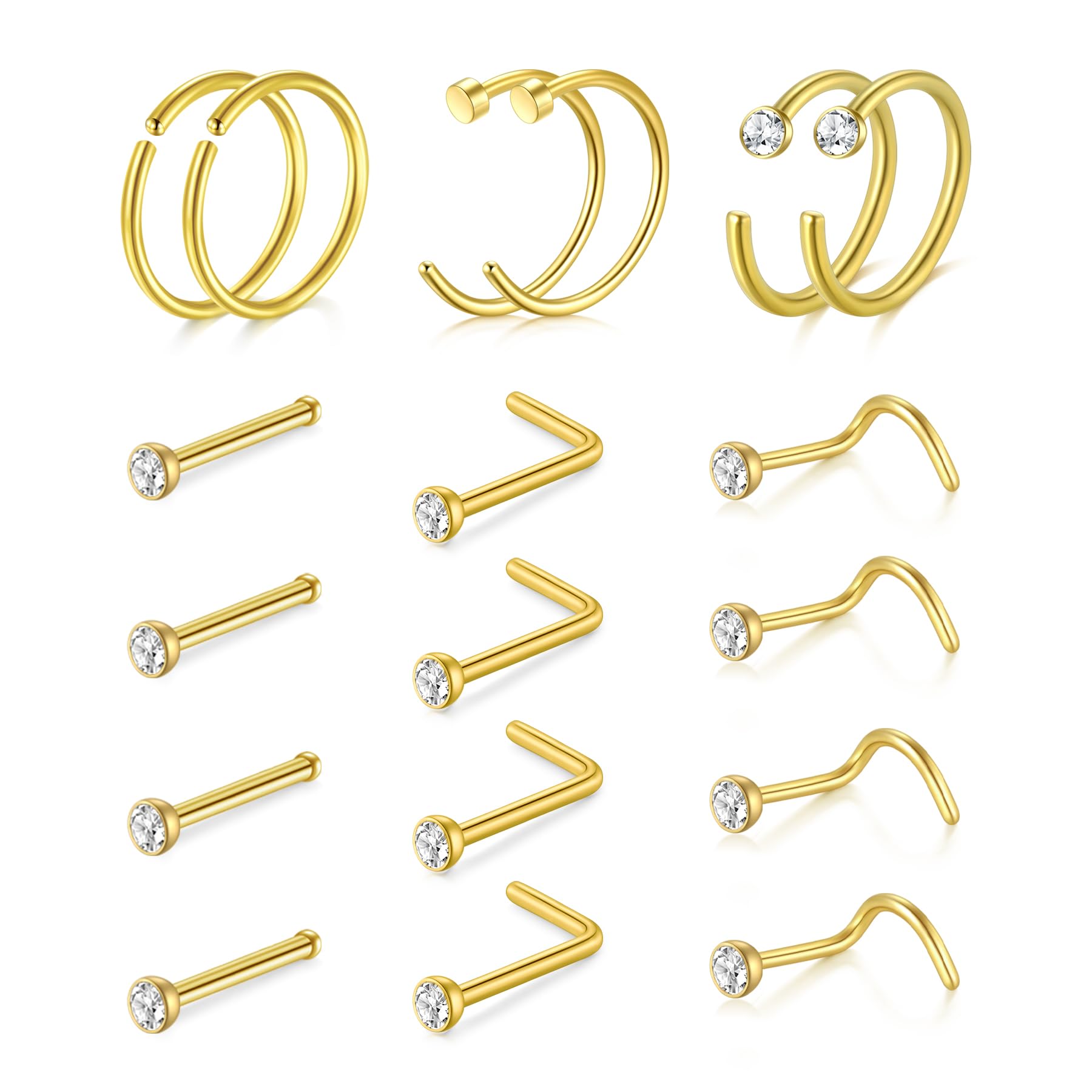 AVYRING Nose Rings Hypoallergenic Stainless Steel L-Shaped Nose Stud Screws with Cubic Zirconia Nose Piercing Jewellery 22G 20G 18G, Pack of 18 Pieces or 24 Pieces — view 10