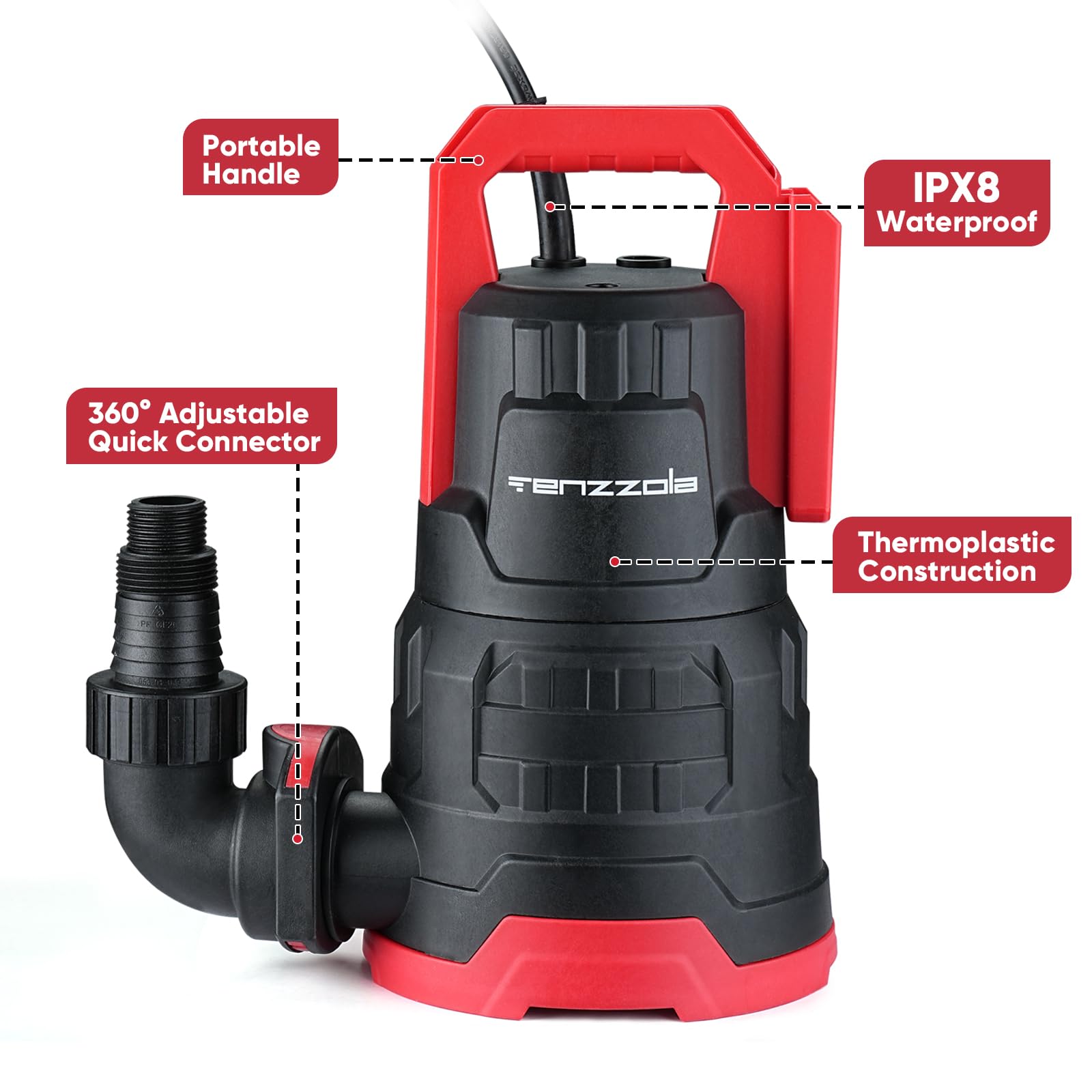 Tenzzola Sump Pump, 1 HP 3960GPH Submersible Utility Water Pump