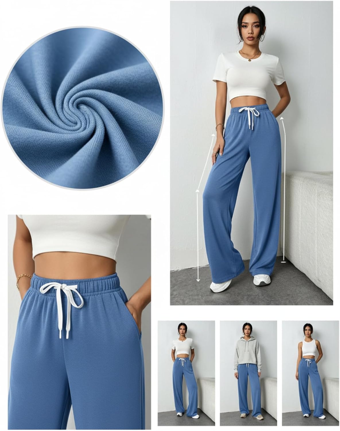 PAODIKUAI Women's Wide Leg Sweatpants Elastic Drawstring High Waisted Straight Leg Lounge Pants with Pockets