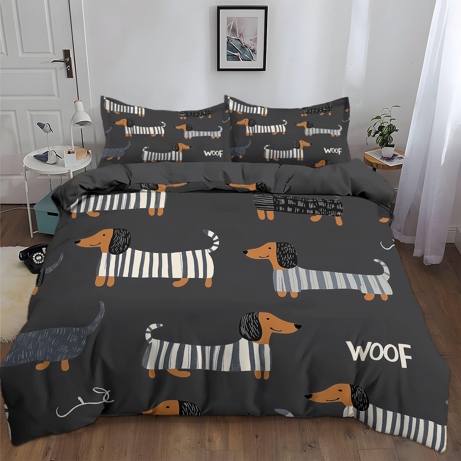 Juegos de Fundas nórdicas Polialgodón Premium Perro Salchicha Funda nórdica Estampada Ultrasuave Reversible Gris carbón 220 x 240 cm Fundas nórdicas Juego de Cama sin Planchado