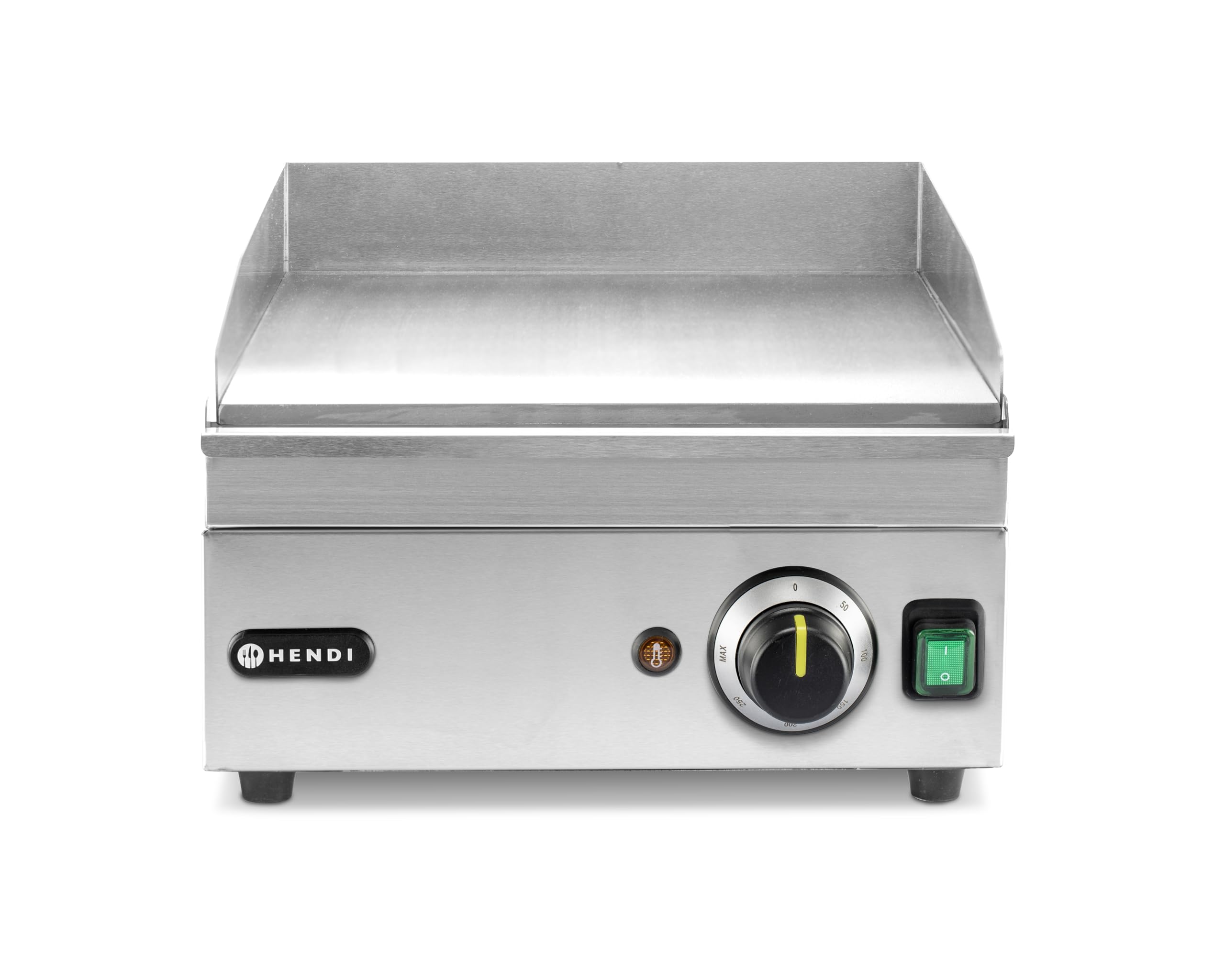 HENDI Piastra elettrica liscia, griglia di cottura, grill e barbecue con cassetto raccogli-grassi estraibile, temperatura fino a 300°C, 230V, 2000W, 326x445x(H)226mm, inox