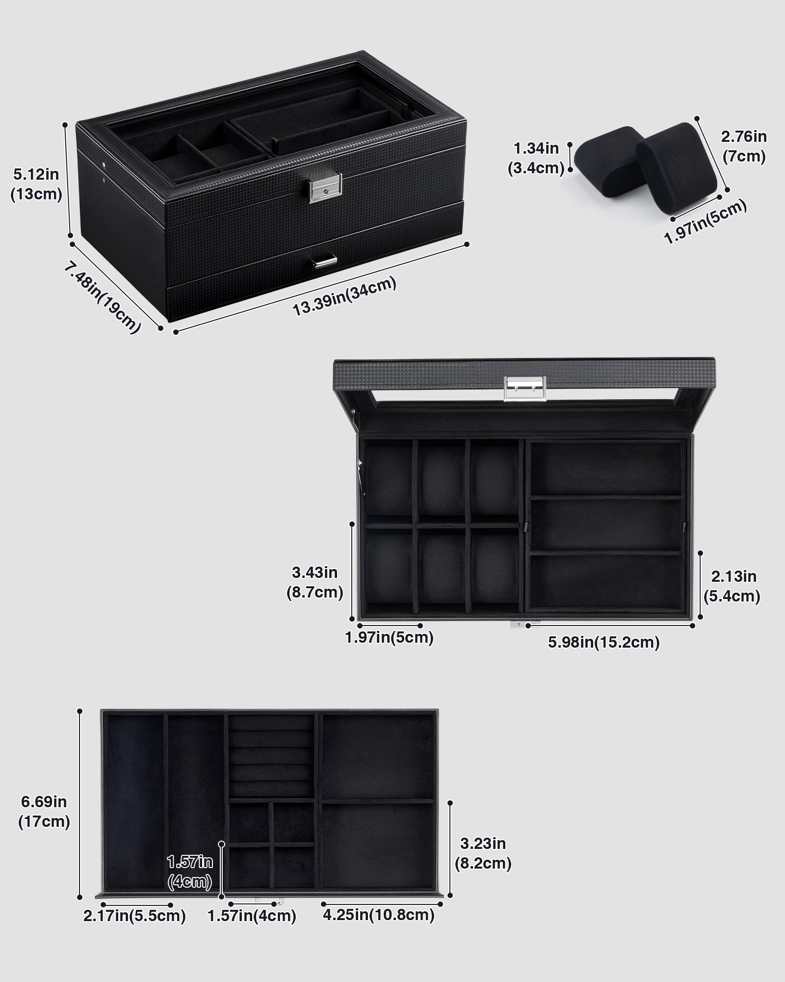 ProCase 6 Slot Uhrenbox & 3 Slot Brillenbox, 2 Ebenen Uhrenkoffer Herren Schmuckkästchen, Uhrenkasten für Sonnenbrillen Schmuck Ringe Armbänder Halsketten -Ganzschwarz