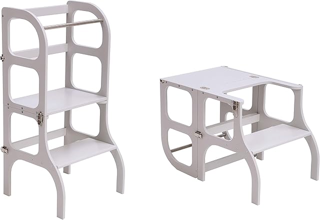 Learning tower - table STEP'n'SIT ®, kitchen helper | Ette Tete | Gray with silver hardware