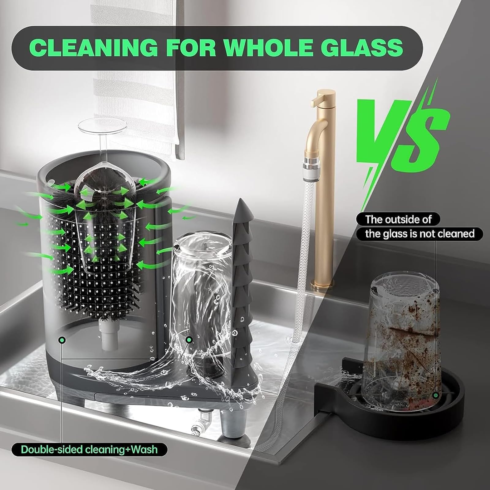 McbeAn Glass Rinser, Glass Cup Washer, Glass Blender Cleaning Rinser with Hoses, High Density Brushes, Anti-Slip Mats, Easy and Fast Washing, for Kitchen Sink Cup Washer, Faucet Cup Cleaner