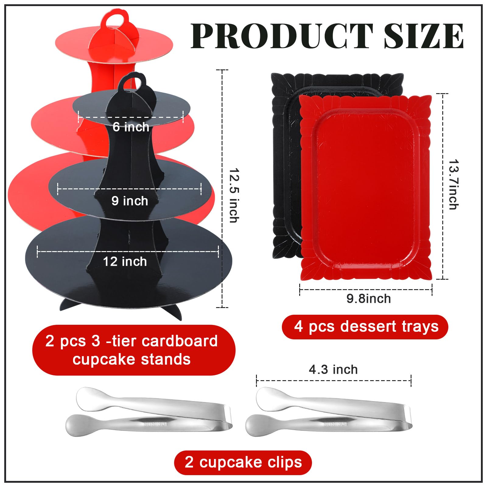 Willinglong 8 Pcs Cake Stand Set with 2 x 3-tier Cardboard Cupcake Stand Tower 4 x Rectangle Serving Trays 2 x Serving Tongs for Wedding Bridal Shower Graduation Birthday Party Favors (Red,Black)