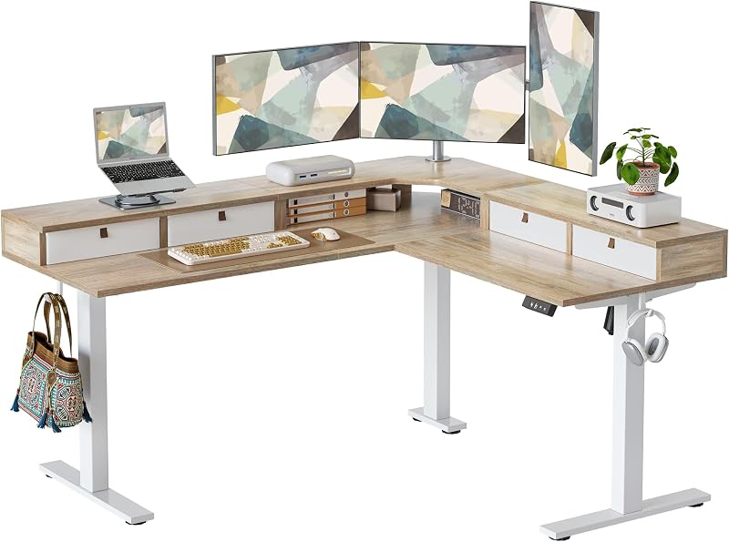 TIQLAB L Shaped 63 x 55 inch Standing Desk Adjustable Height, Electric Corner Standing Desk with 4 Drawers and Upper Shelf, Sit Stand Computer Table with Splice Board, Maple