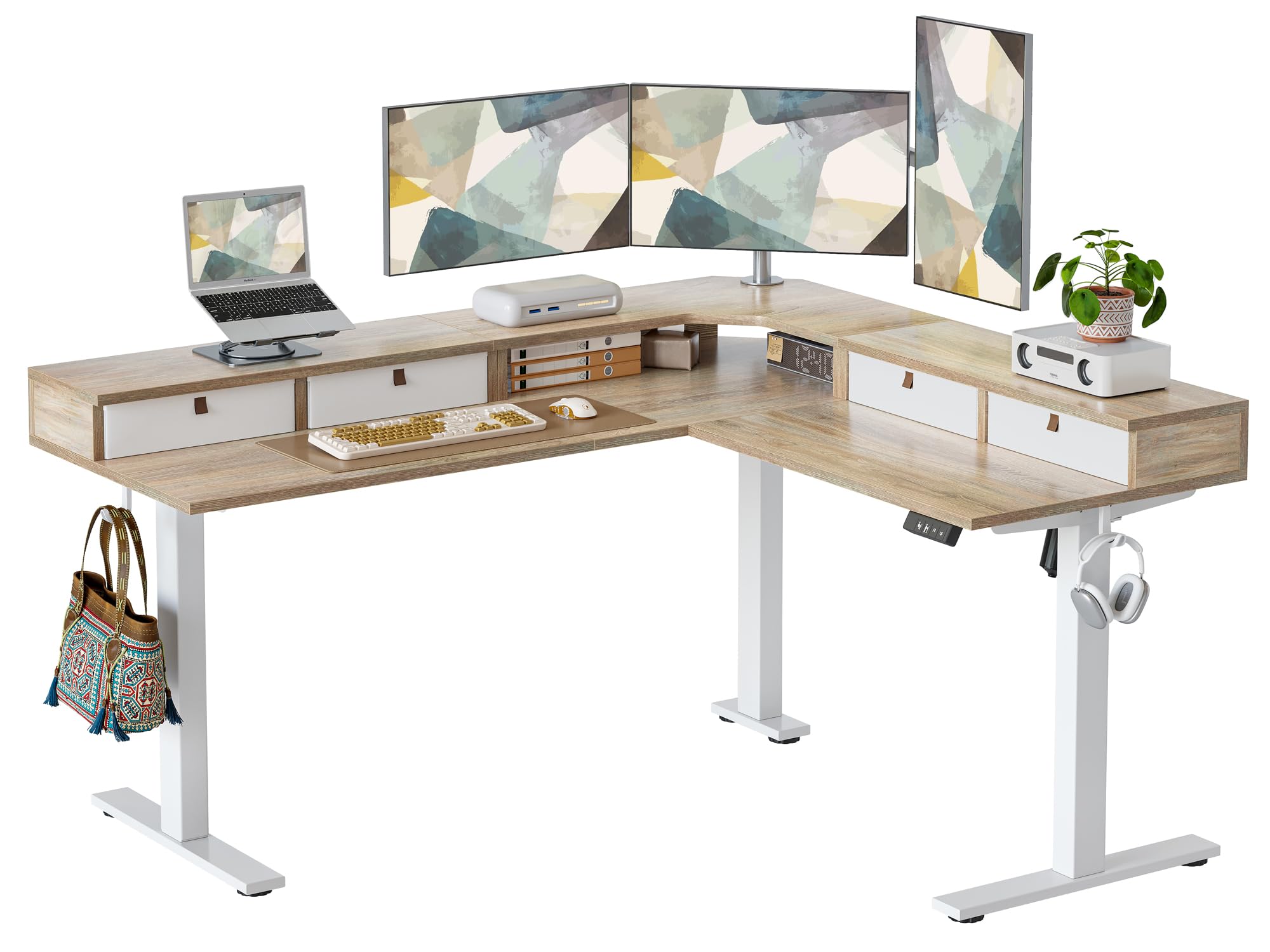 Photo 1 of TIQLAB L Shaped 63 x 55 inch Standing Desk Adjustable Height, Electric Corner Standing Desk with 4 Drawers and Upper Shelf, Sit Stand Computer Table with Splice Board, Maple