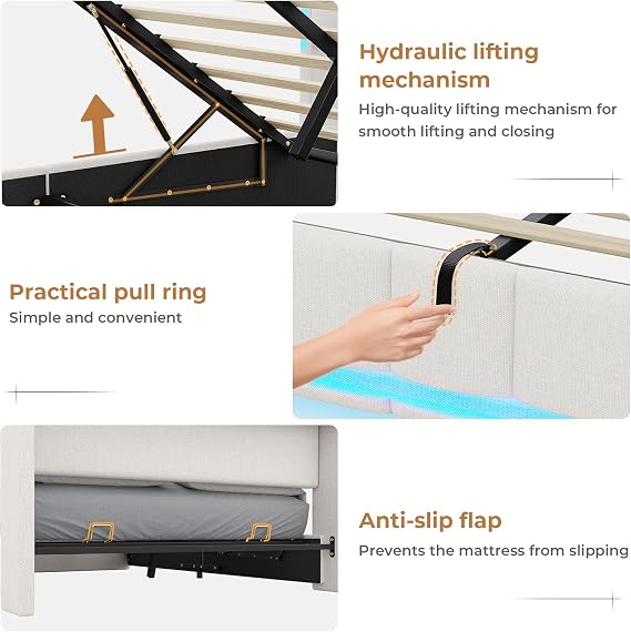 AOGLLATI Double Ottoman Bed (4ft6) with Hydraulic Storage, Charging Station & Led Lights, Upholstered Platform Bed Frame with Storage Headboard, Sturdy Wood Slats, Beige Linen (Double-135x190cm)