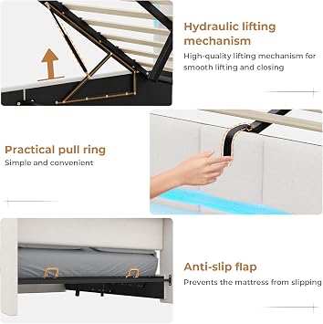 AOGLLATI Double Ottoman Bed (4ft6) with Hydraulic Storage, Charging Station & Led Lights, Upholstered Platform Bed Frame with Storage Headboard, Sturdy Wood Slats, Beige Linen (Double-135x190cm)