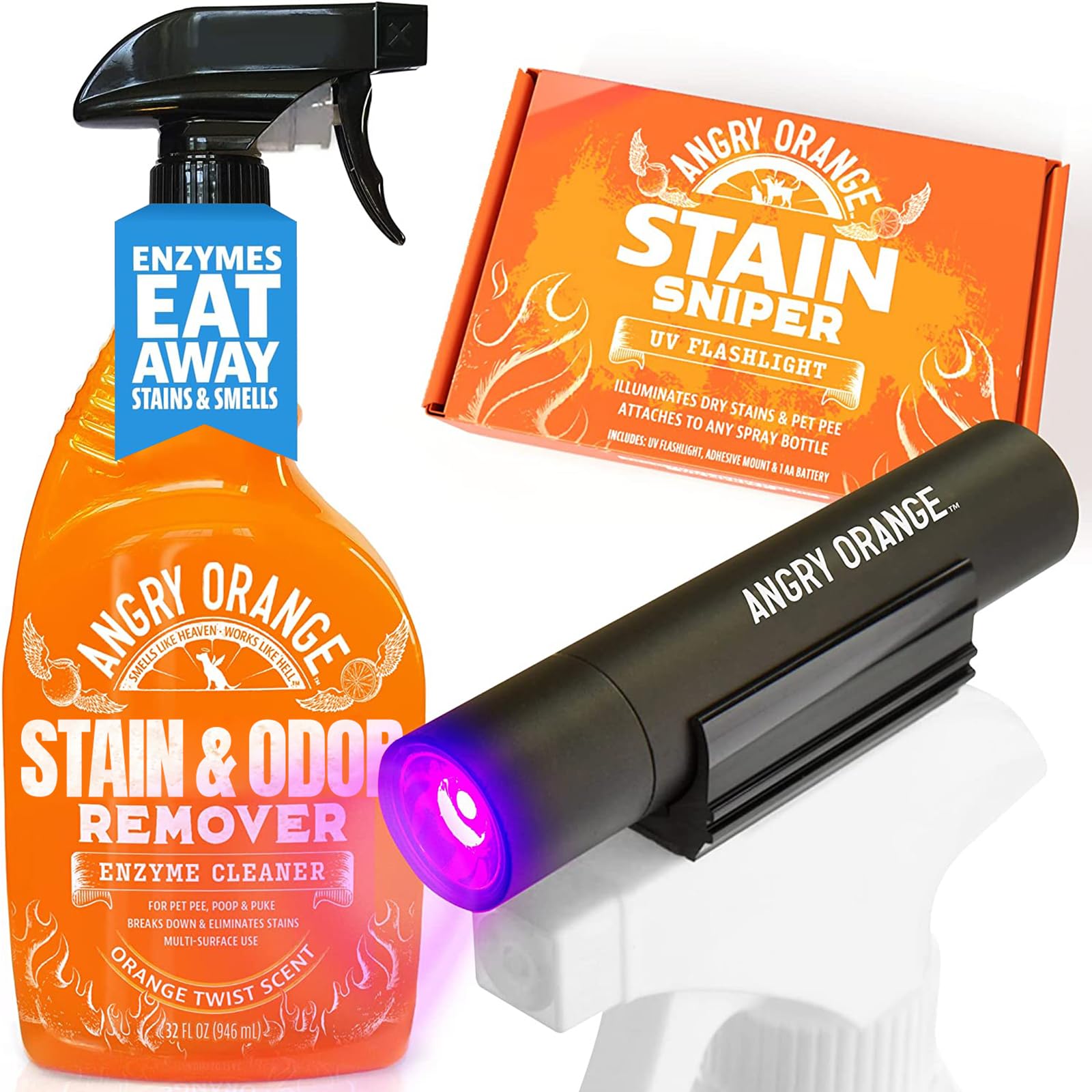 ANGRY ORANGE Pet Stain &amp; Odor Remover Kit for Dog Urine - Enzyme Cleaner - Citrus - 32 oz + UV Flashlight