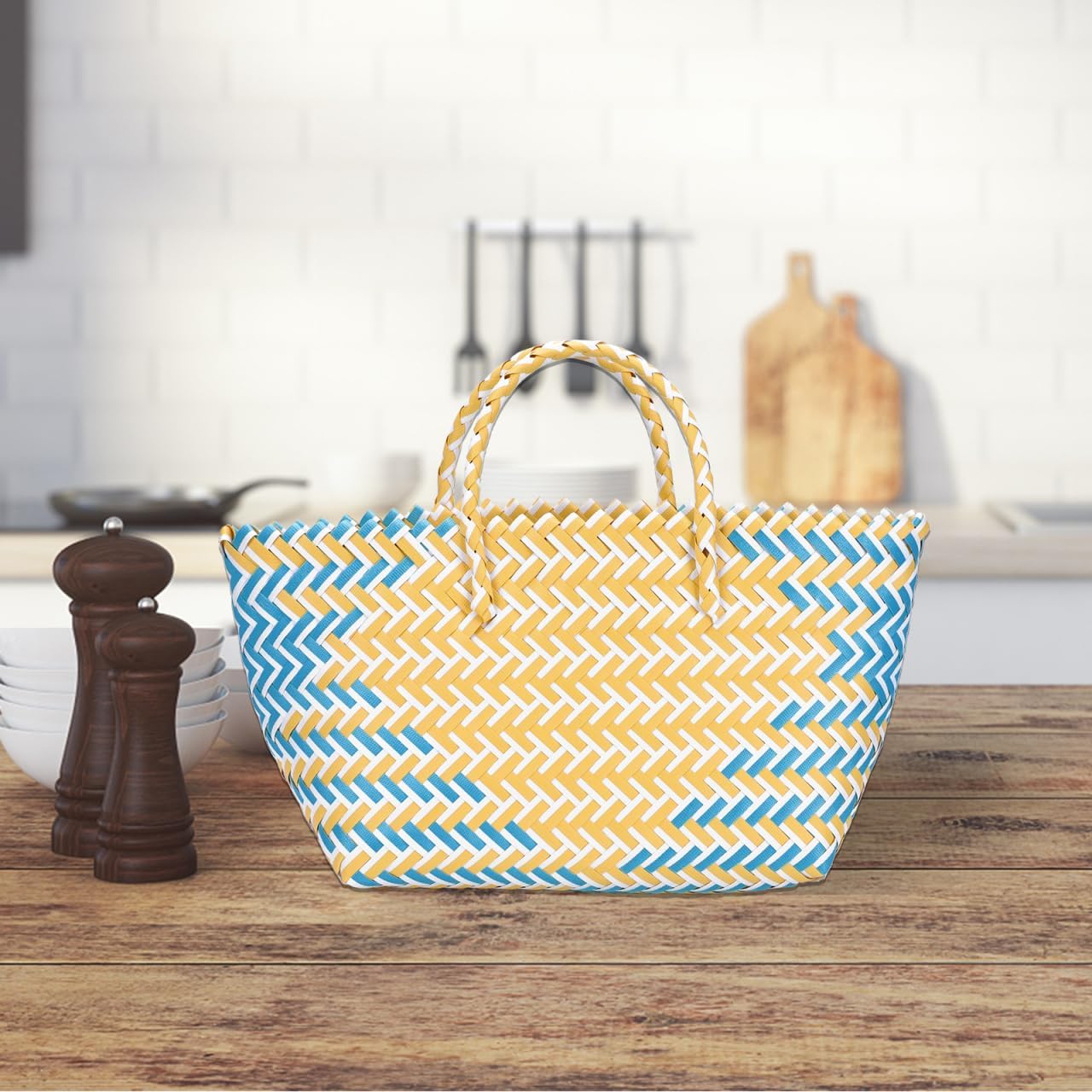 ABOOFAN Plastic Woven Handbag, Yellow Blue Clashing Small Tote Bag, Recycled Portable Basket for Home Kitchen, Summer Beach Bag - 13.7x6.3x12.6 Inches