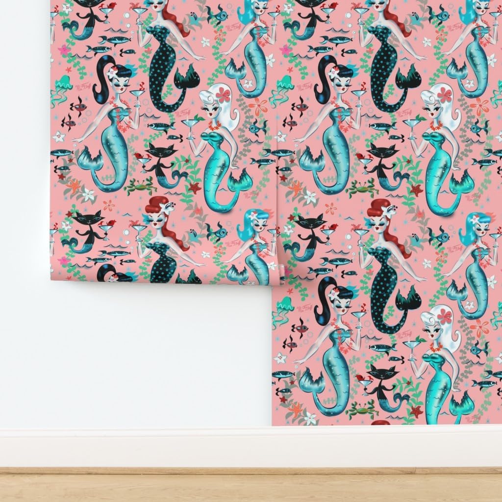 Spoonflower Peel & Stick Wallpaper 3ft x 2ft - Martini Mermaids Coral Vintage Mermaid Retro Nautical Mid Century Ocean Princess Custom Removable Wallpaper