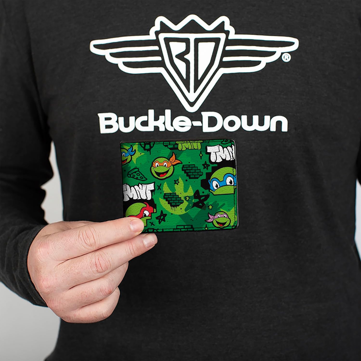 Buckle-Down Nickelodeon Wallet, Bifold, Teenage Mutant Ninja Turtles TMNT Faces Brick Wall Greens, Vegan Leather