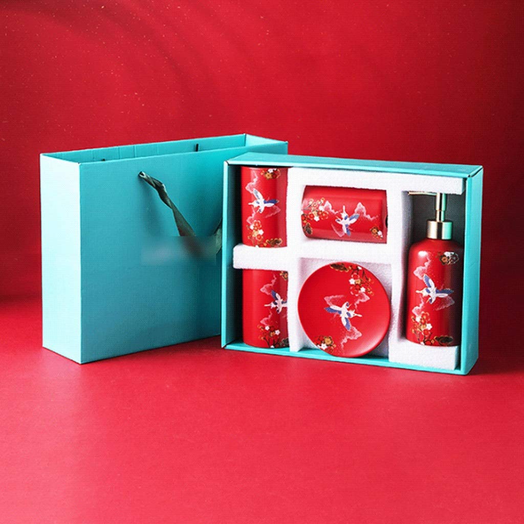 Juego de 5 accesorios de baño de cerámica con bomba de loción roja/dispensador de jabón, soporte para cepillo de dientes, jabonera, etc