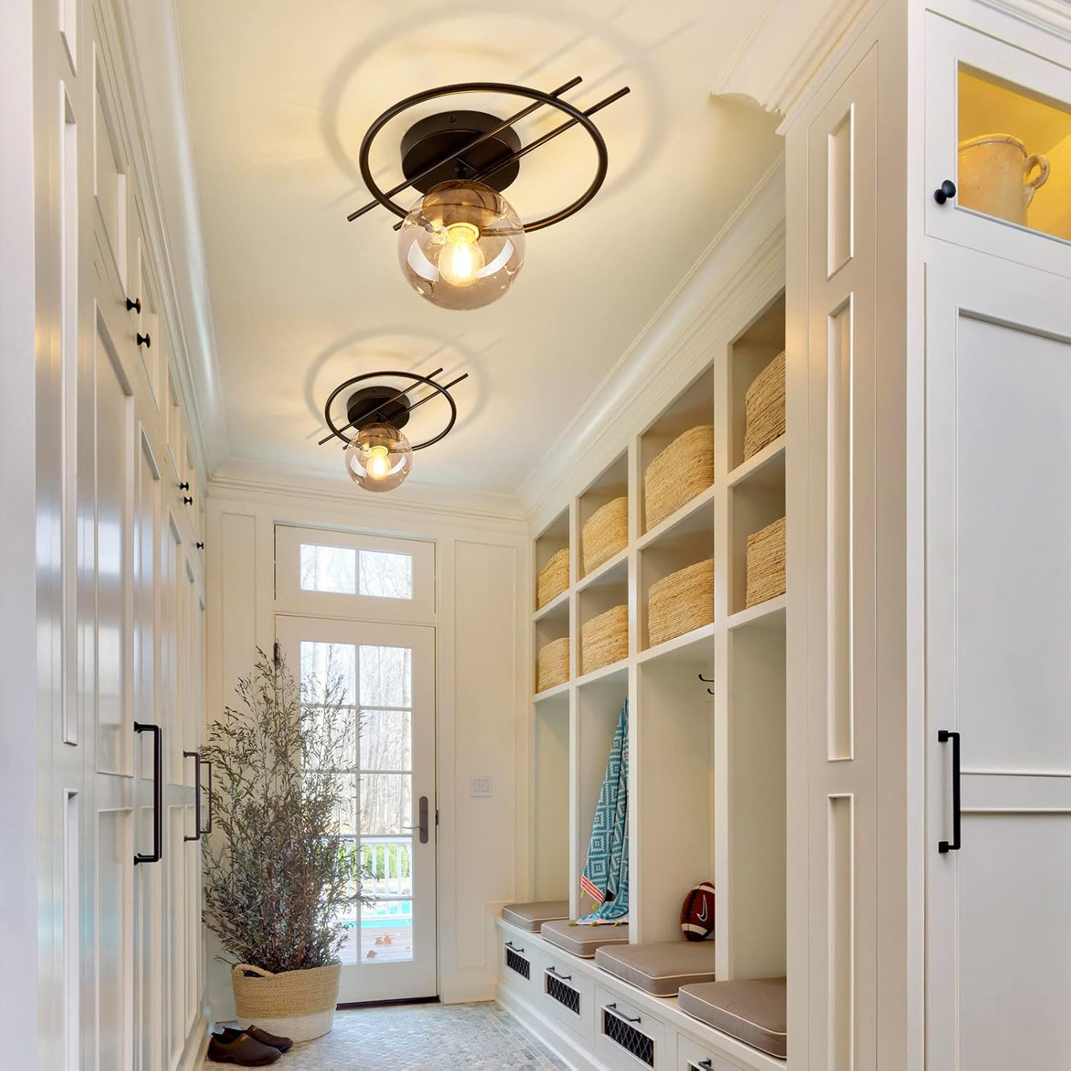 Matte black & gold finish Semi Flush Mount Ceiling Light Fixture Mid Century Modern Chandelier with Glass Globe Small Indoor Lighting for Kitchen Hallway Bathroom Bedroom Closet Farmhouse Proch.