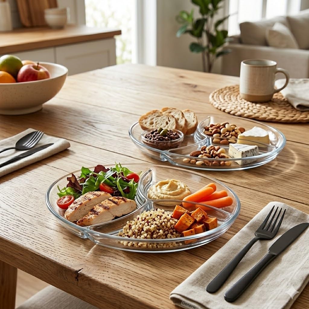 Set of 2 Clear Glass Dinner Plates, 3 Sections, Microwave & Dishwasher Safe, Reusable Portion Control Trays for Meal Prep, Salad, Parties, Adults & Kids
