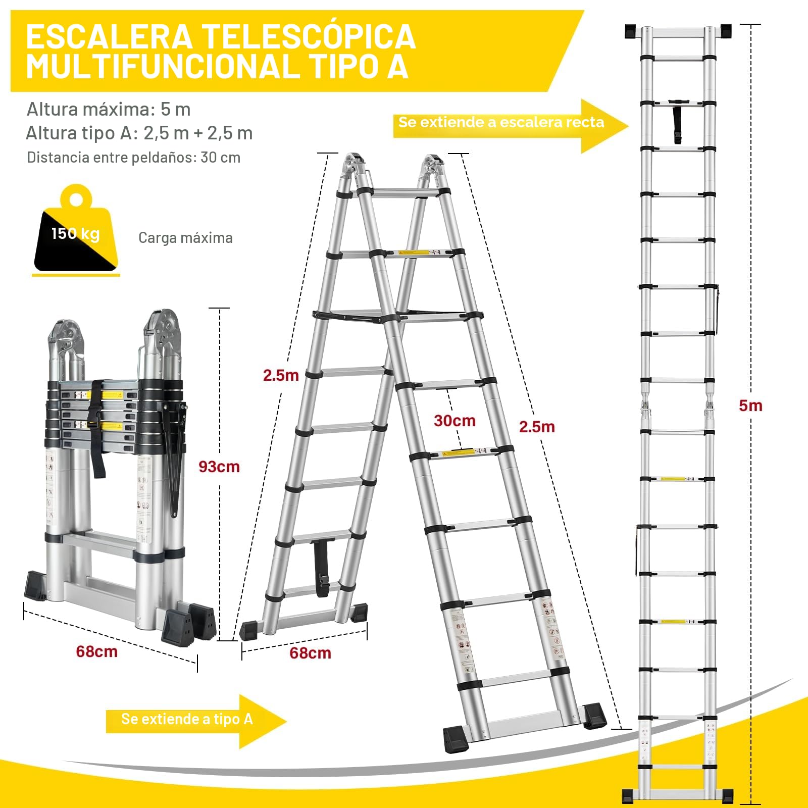 STANEW Escalera Telescópica de (2.5+2.5) m de Aluminio, Plegable, Reposabrazos Extraíble, Multifunción Portátil Plegable Extensible, Carga Máxima de 150 kg