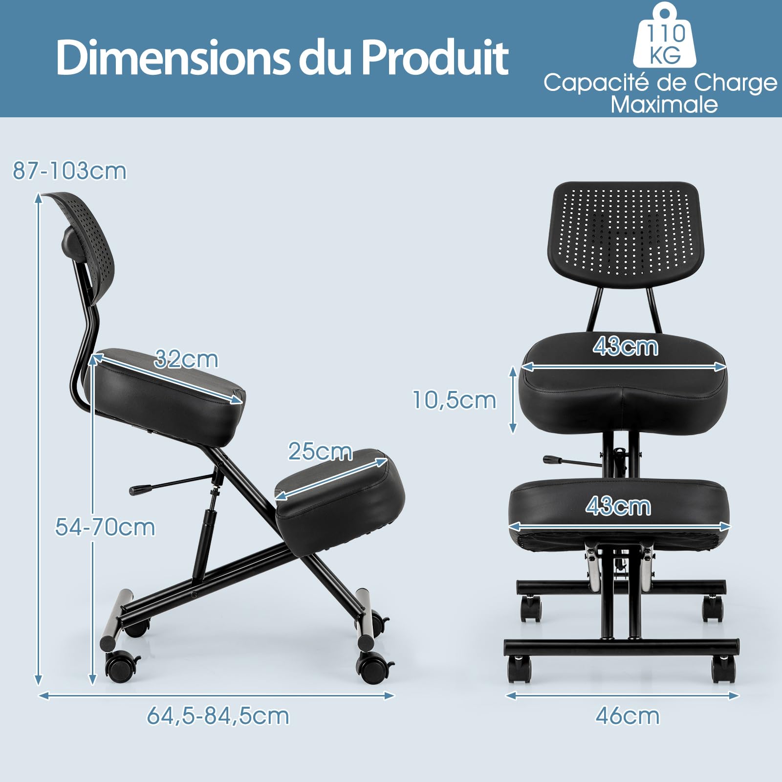 COSTWAY Chaise à Genoux Ergonomique avec Dossier, Siege Assis Genoux Réglable, Tabouret Bureau Orthopédique avec Roues Universelles Verrouillables, Correcteur de Posture Confortable, Noir