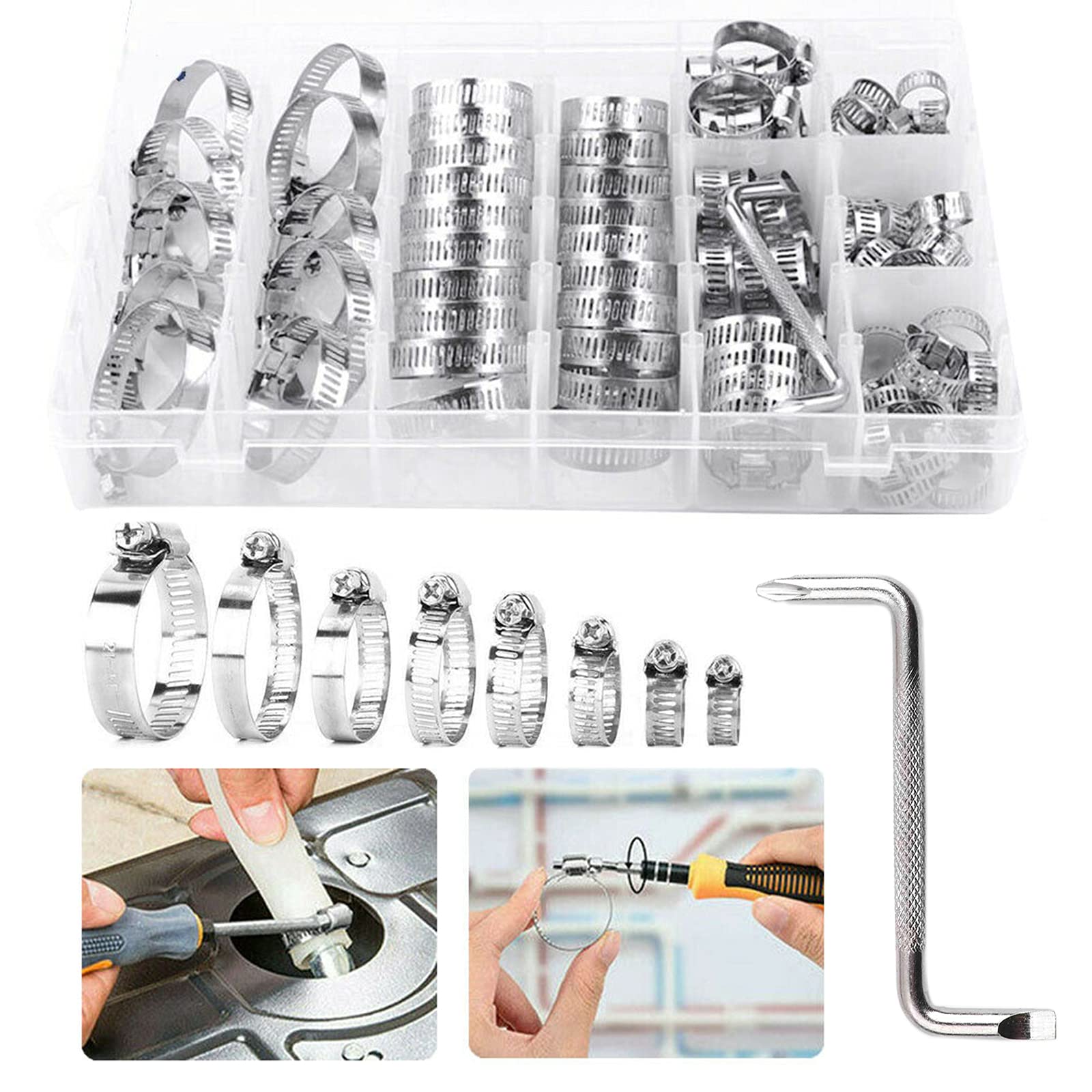 Abrazadera de manguera, juego de 91 piezas con llaves inglesas, resistentes a la temperatura para tuberías de agua domésticas, tuberías de coche, tuberías de agua doméstica (8-44 mm)