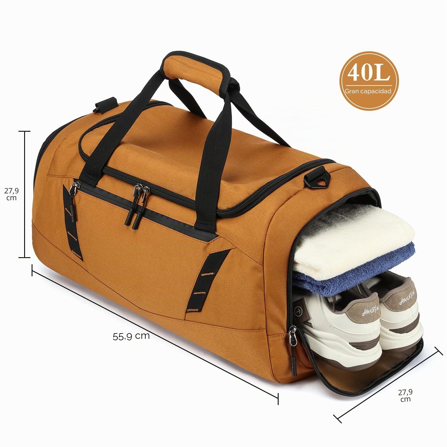 Bolsa de Viaje Hombre 40L Bolsa Deporte con Zapatos y Compartimentos Húmedos + Cinturón de Mochila Deportivo Viaje Gimnasio Natacion Boxeo Travel Duffle Bag Mujer, Marrón