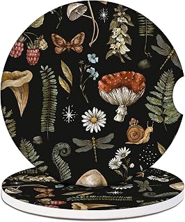 Car Cup Holder Coasters - Vintage Nature Mushroom Absorbent Ceramic Coaster 2 Pack, Car Coasters for Cup Holders, Fashion Car Interior Accessories Drink Coaster for Women & Men