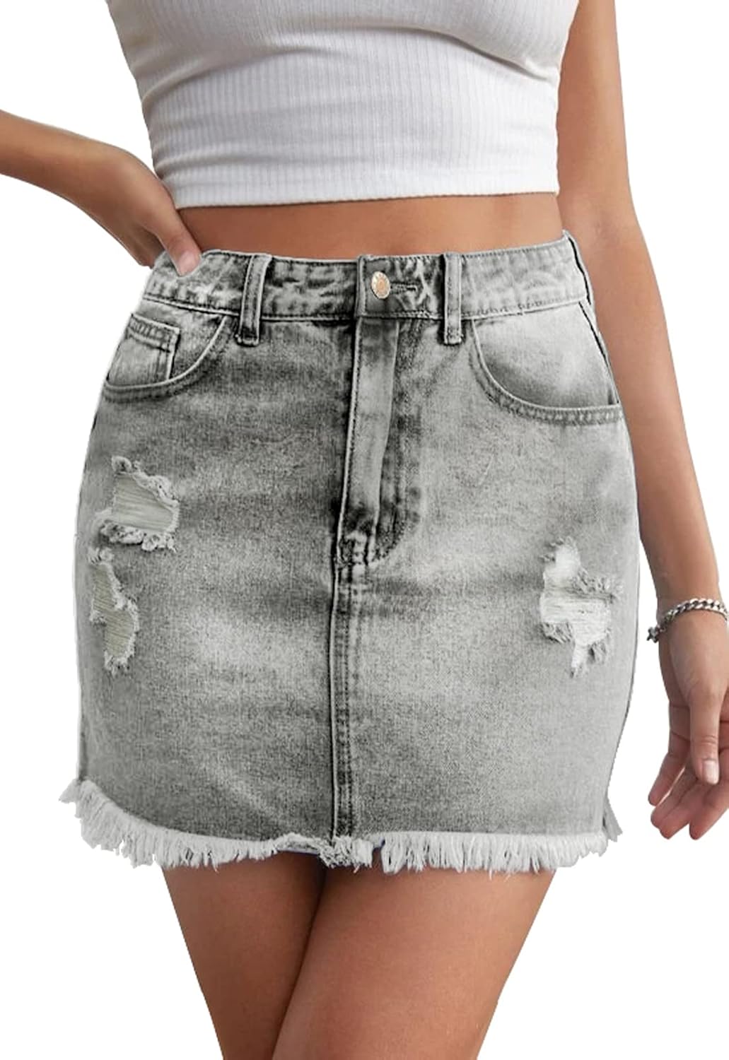 Women&rsquo;s Bodycon Denim Mini Skirt High Waist Casual Washed Frayed Stretchy Jean Skirts with Pocket for Women