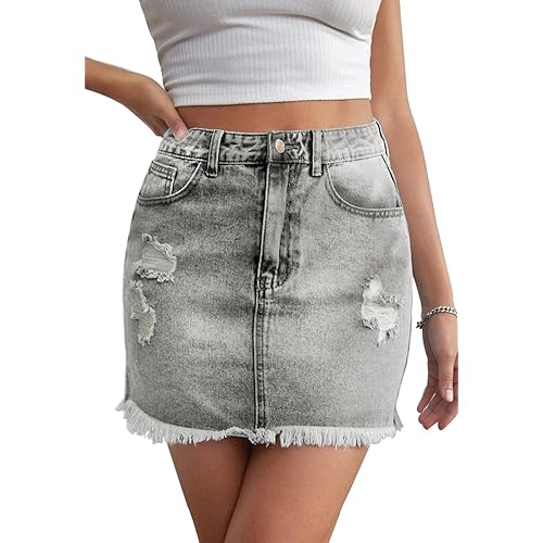 HERBATOMIA Women’s Bodycon Denim Mini Skirt High Waist Casual Washed Frayed Stretchy Jean Skirts with Pocket for Women
