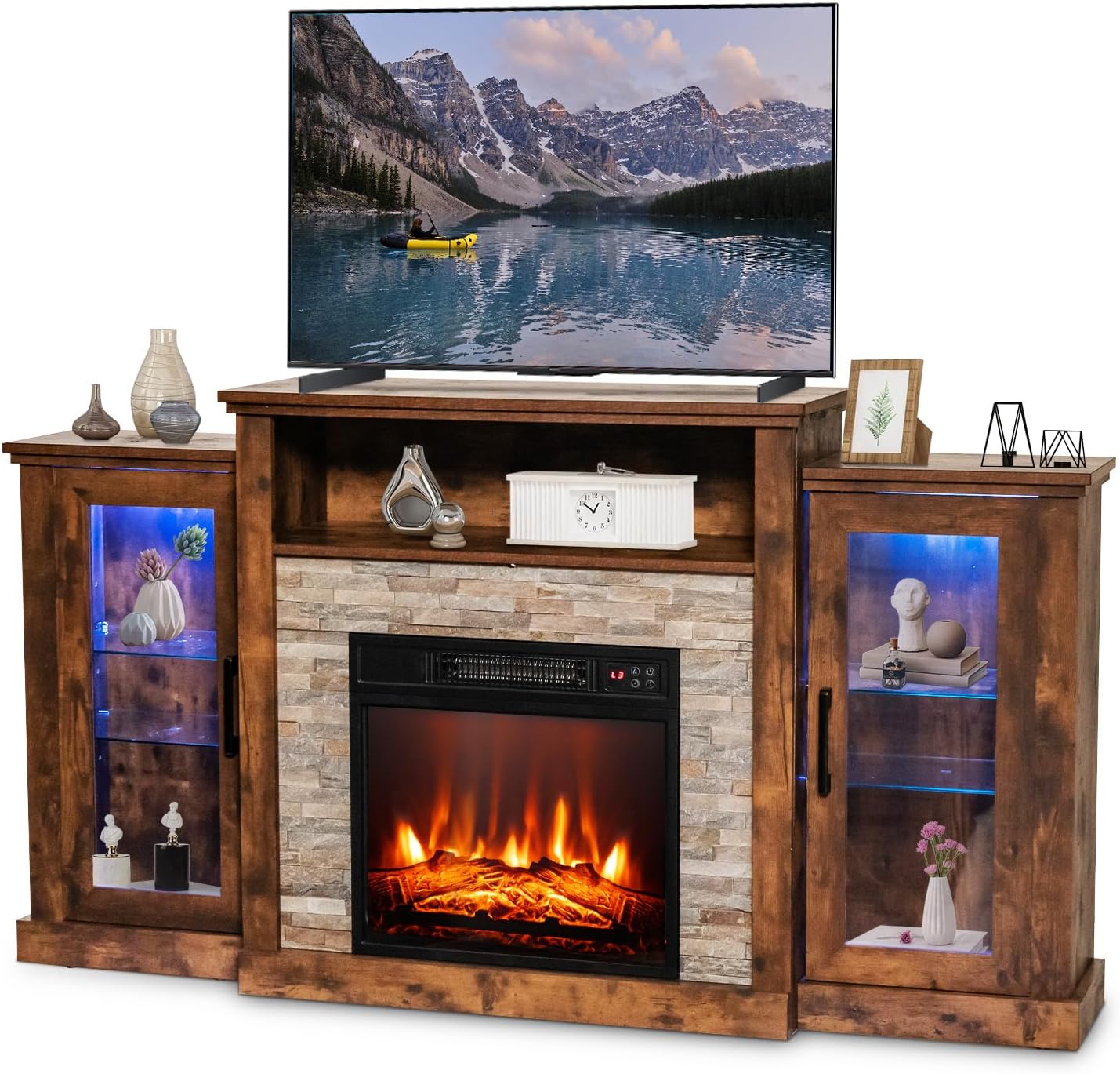 RELAX4LIFE 59" Fireplace TV Stand for 65" TVs, Entertainment Center w/18 Fire Place, LED Lights, APP & Remote Control, TV Console Table for Living Room, Electric Fireplace with Mantel (Rustic)