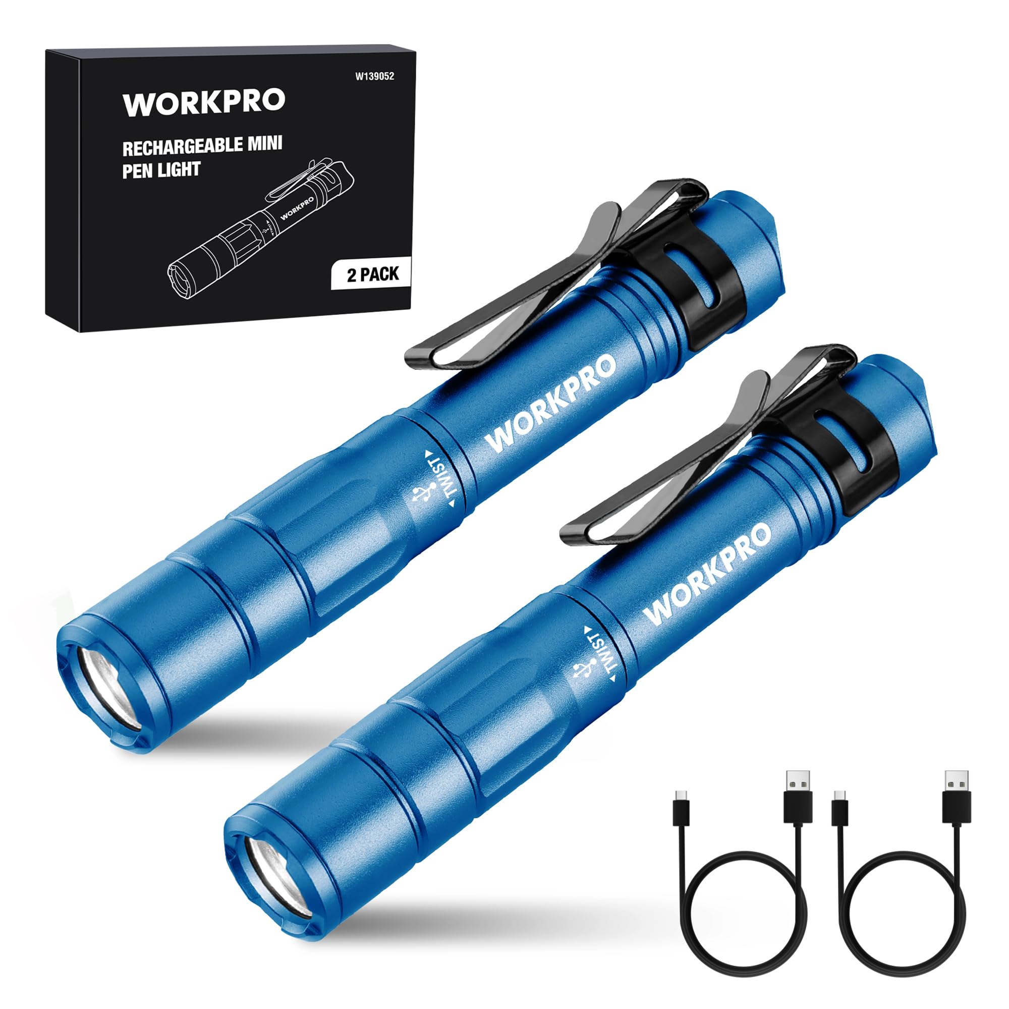 WORKPRO Rechargeable Pen Light, 2 Pack Mini Flashlight, Blue