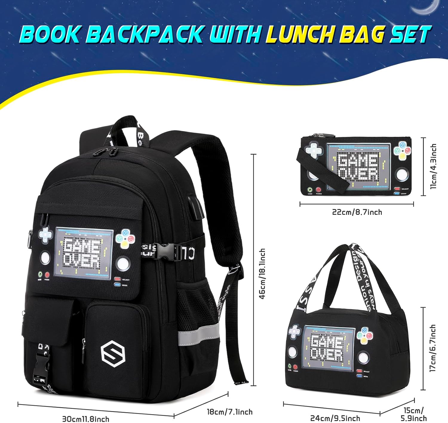 Boys Backpack, Cool Luminous School Backpacks for Boys with Lunch Bag Pencil Case, Kids Backpack Kindergarten Elementary Middle School Book Bags for Teen Boy Children with USB Charging Port - Image 2