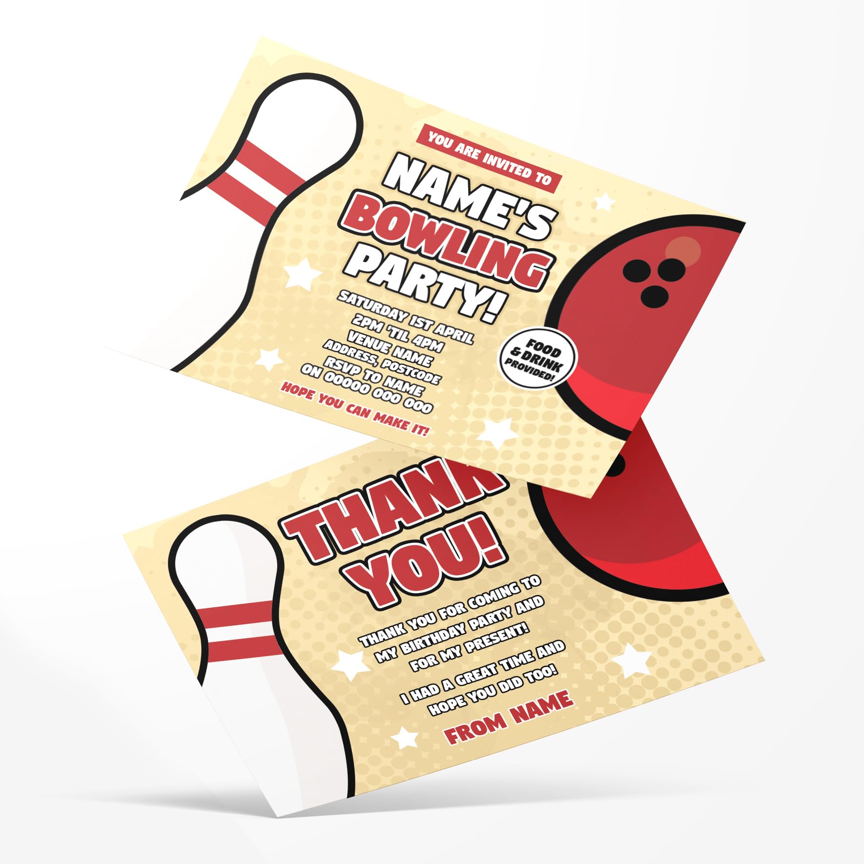 MJ DESIGN & PRINT Personalised Bowling Party Invitations & Thank You Cards, Sports, Bowl, Kids, Adults