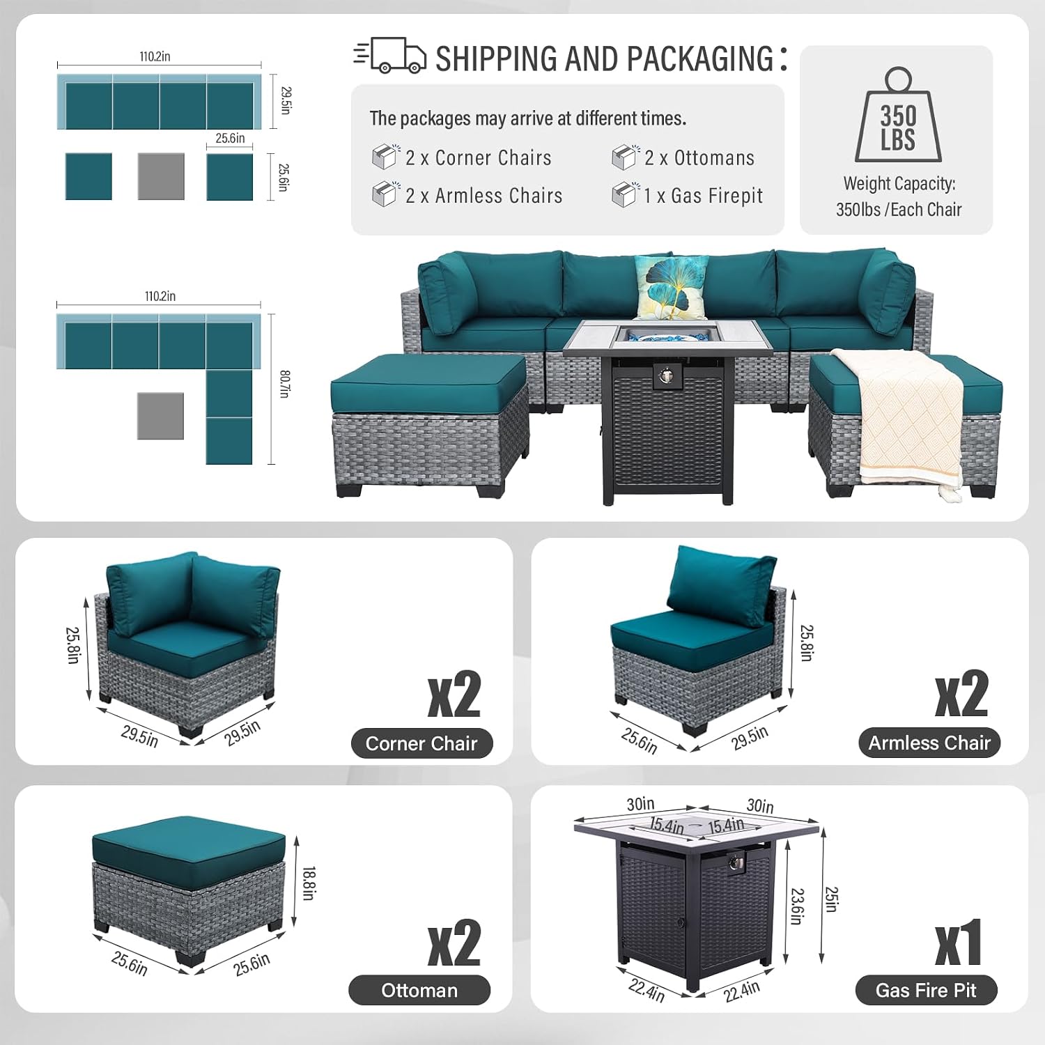WAROOM Outdoor Patio Furniture Set 7 Pieces Gray Rattan Sectional Sofa PE Wicker Conversation Couch Sets with Propane Fire Pit Table, Anti-Slip Thick Peacock Blue Cushion