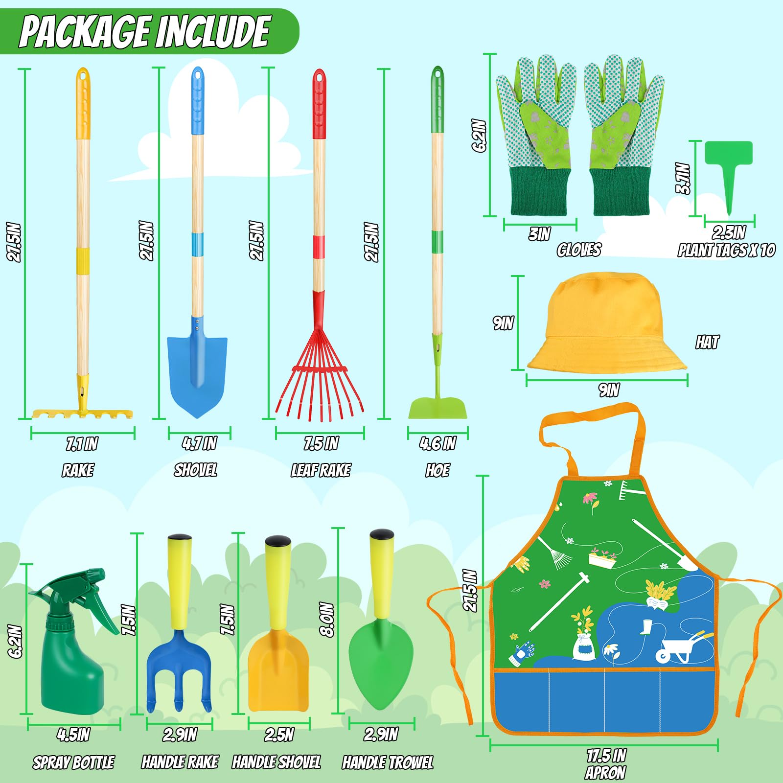 Magic4U Kids Gardening Tools Set, 22 Pcs Metal Garden Tools Toys with Apron, Gloves, Wood Handle Shovel, Rake, Hoe and Leaf Rake, Outdoor Digging Toys Gifts for Kids Age 3+ - Image 2