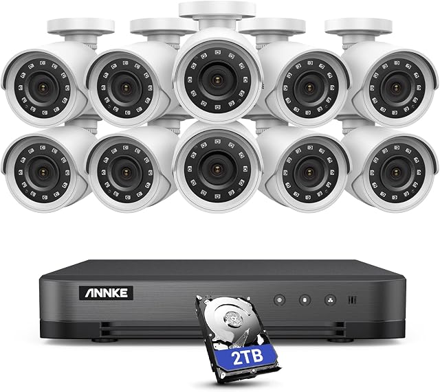 ANNKE 16CH 1080P Lite Security Camera System CCTV Recorder with 10 pcs 1920TVL Outdoor Home HD TVI Bullet Surveillance Camera, Email Alert, Playback, IP66 Waterproof, Remote access, 2TB hard drive