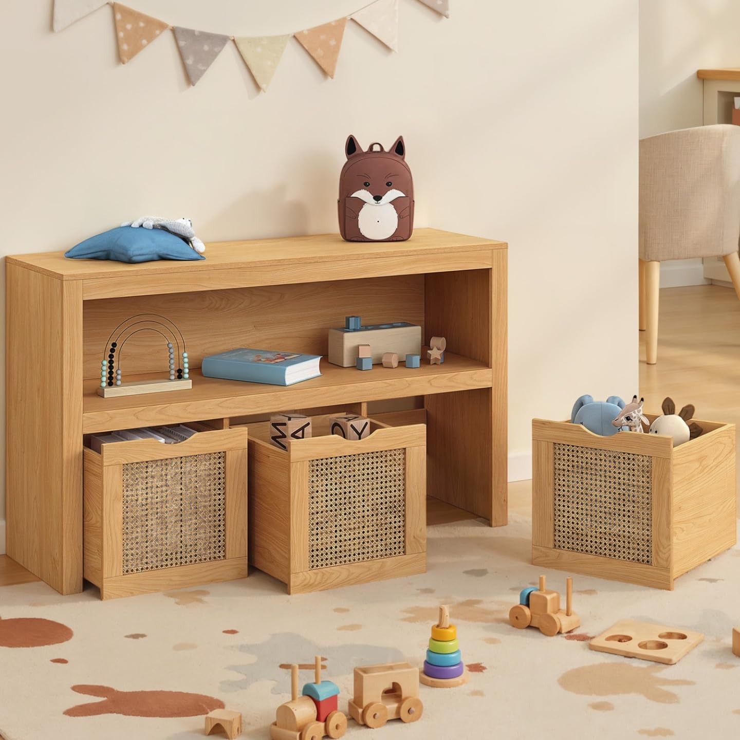 IDMarket - Muebles infantiles EDHEN de madera y malla tubular 3 cajones dados sobre ruedas