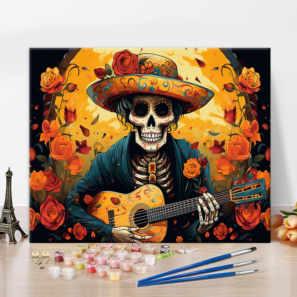 TISHIRON Skull Paint by Number for Adults Beginner with 3 Brushes Mexican Day of The Dead Acrylic Painting by Numbers Kits Skull Playing Guitar DIY Oil Painting Kits Gift Art Crafts for Home 16"x20"